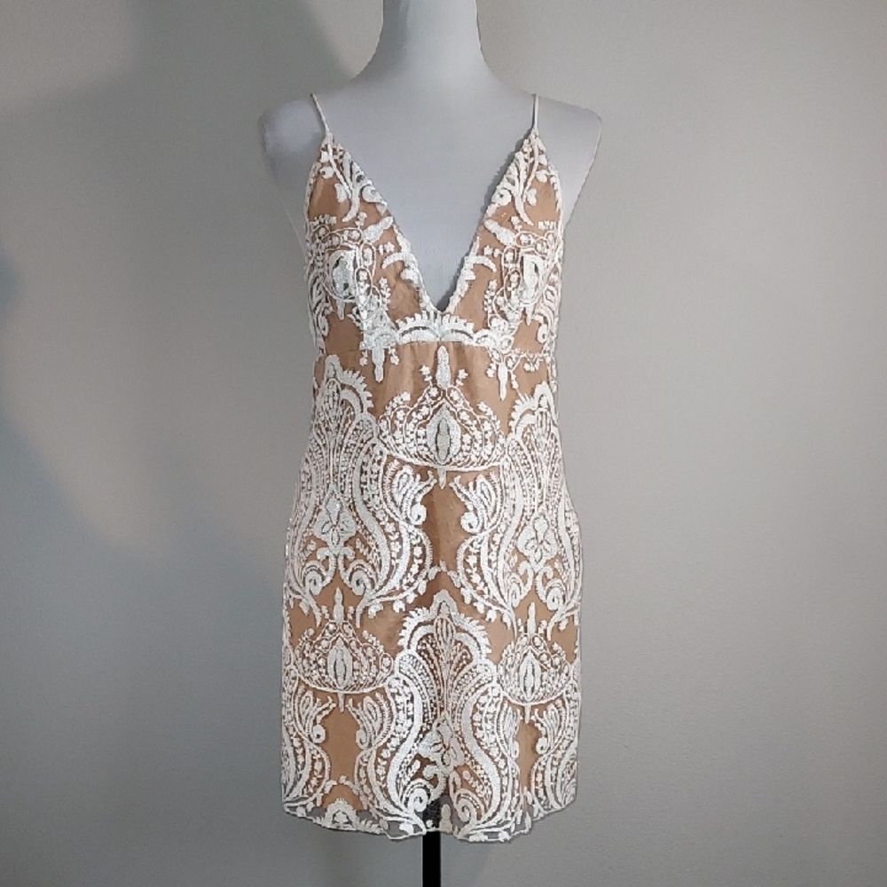 Free People Night Shimmers Nude White Sheer Sequined Overlay Mini Dress Size 4